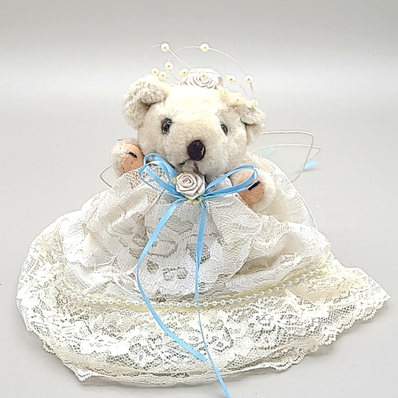 Vintage Angel Teddy Bear with Blue Ribbon & Lace Dress - Picture 1 of 5